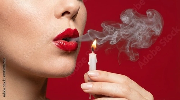Fototapeta Woman with red lipstick blowing out white candle flame on red background