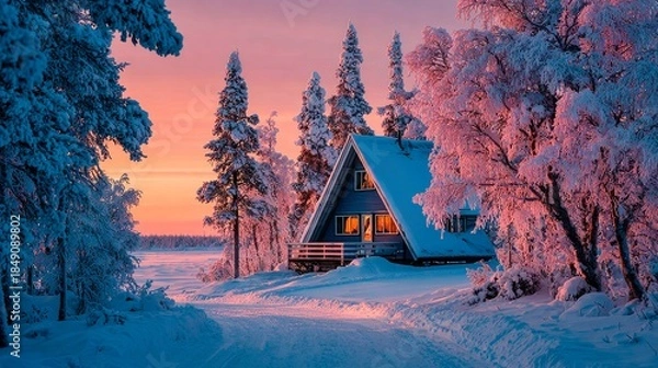 Fototapeta Winter cabin glow