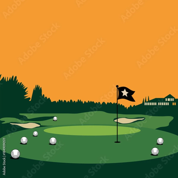 Obraz Golf Course Illustration with Flag, Balls, and Sunset Sky