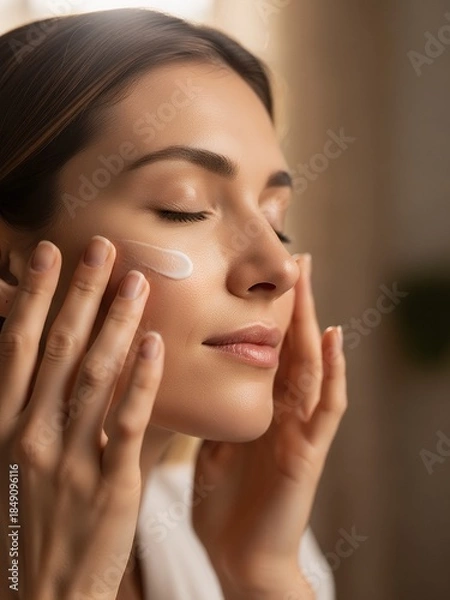 Obraz Woman applying cream to her face with her fingers in a gentle skincare routine.
