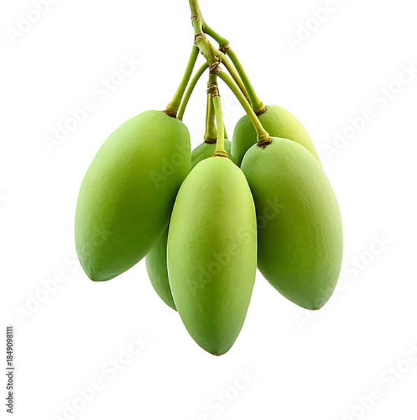 Obraz A bunch of green mangoes hanging freely on a white background. 