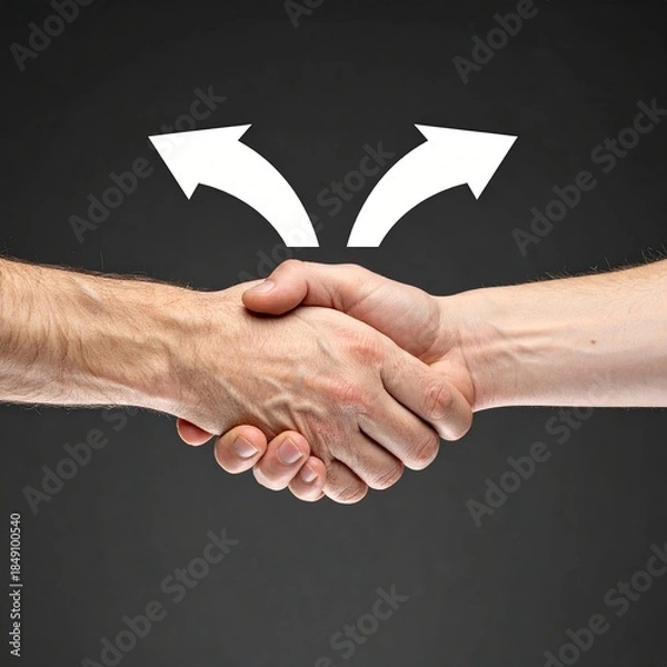 Obraz Handshake between two persons with diverging arrows above