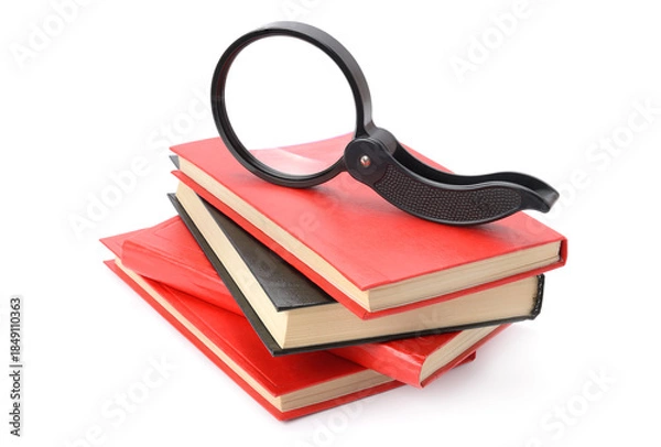 Obraz Magnifying Glass Resting on a Stack of Red Hardcover Books Isolated on White Background with Copy Space for Education, Research, Study, Analysis, Learning, Knowledge, Reading, and Academic Concept