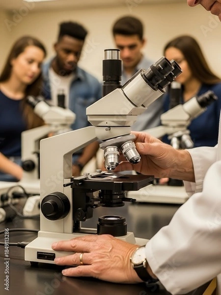 Obraz Students and a teacher using microscopes in a laboratory setting.