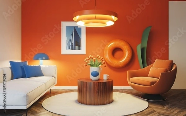 Obraz A modern minimalist living room interior with orange walls and white furniture viewed from the entrance
