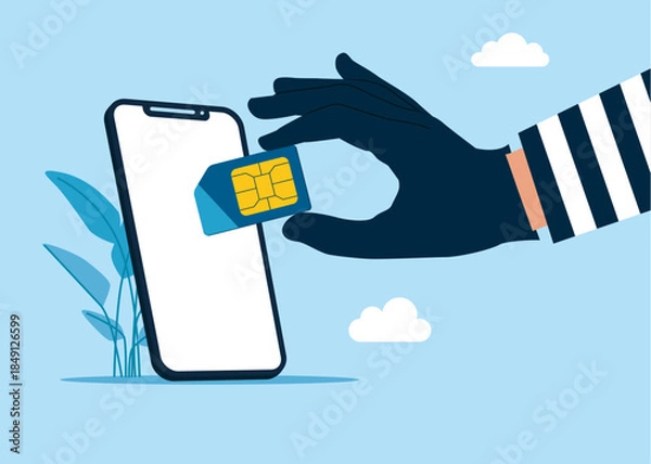 Obraz Thief mobile sim card , burglar hand with microcircuit. Modern vector illustration in flat style