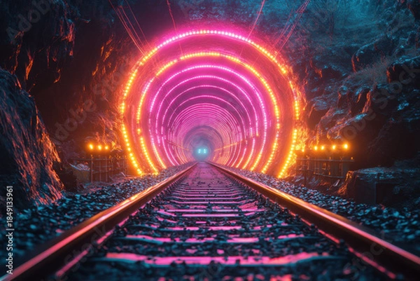 Obraz Neon-lit train track cutting through darkness.