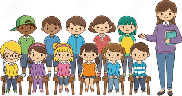 Obraz Happy kindergarten classroom group with teacher and diverse children sitting together, cute cartoon education illustration vector