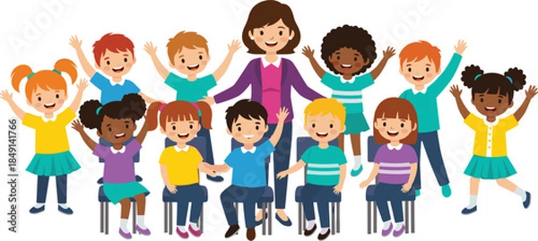Obraz Happy kindergarten teacher with diverse group of cheerful children sitting and standing together in classroom illustration
