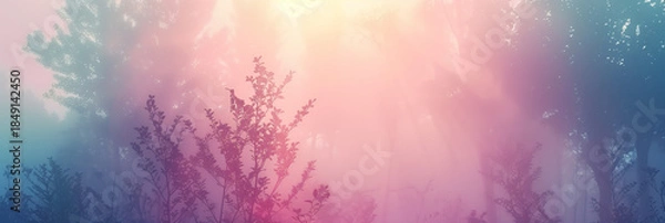 Fototapeta Dreamy pastel forest landscape with soft fog, gentle light rays and silhouettes of trees and plants creating calm cinematic atmosphere and abstract nature background