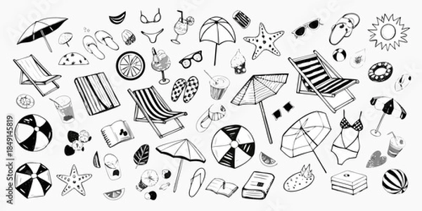Obraz A playful collection of hand drawn summer icons and beach essentials in black and white
