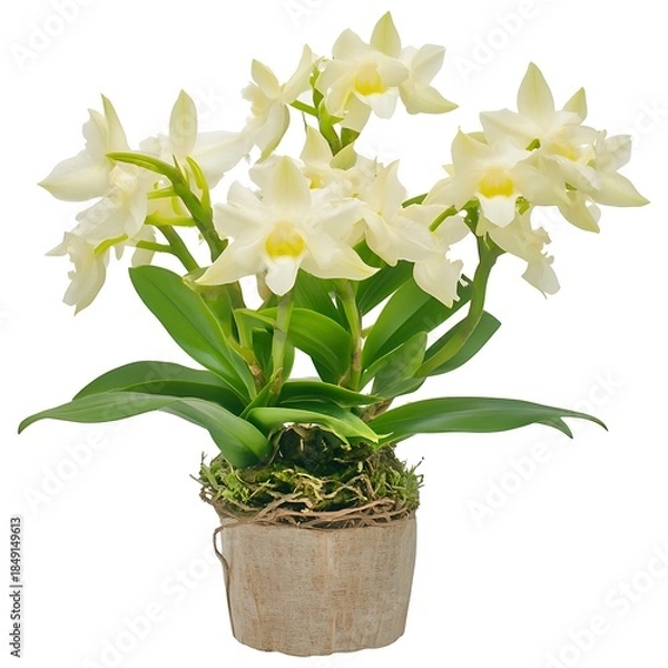 Fototapeta Elegant White Orchid Plant in Rustic Pot