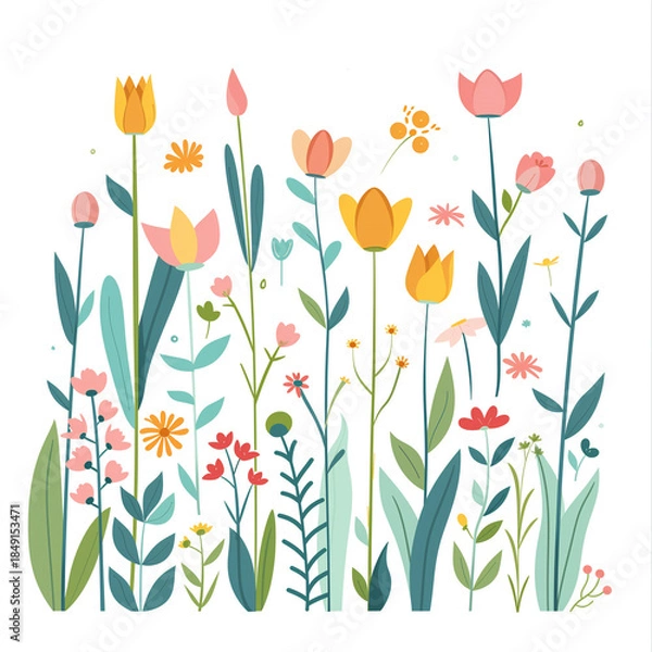 Fototapeta Flat design illustration of a spring garden with blooming flowers and leaves in soft pastel colors, perfect for decor, prints, backgrounds and seasonal designs