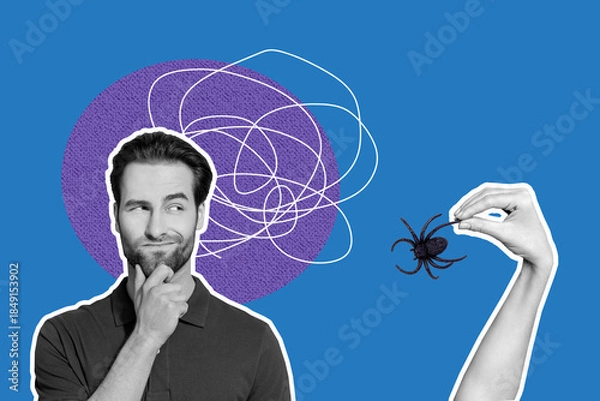 Fototapeta Composite poster image artwork collage of puzzled man hand hold spider phobia fear arachnophobia halloween party tarantula