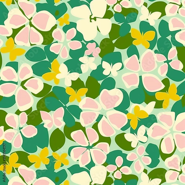 Fototapeta Seamless floral vector pattern with stylized spring flowers and butterflies in soft pastel colors, decorative nature background for textiles, wallpaper and design