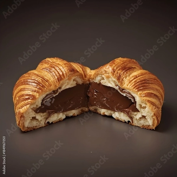 Obraz Croissant filled with chocolate, cut open with visible layers, isolated on dark background