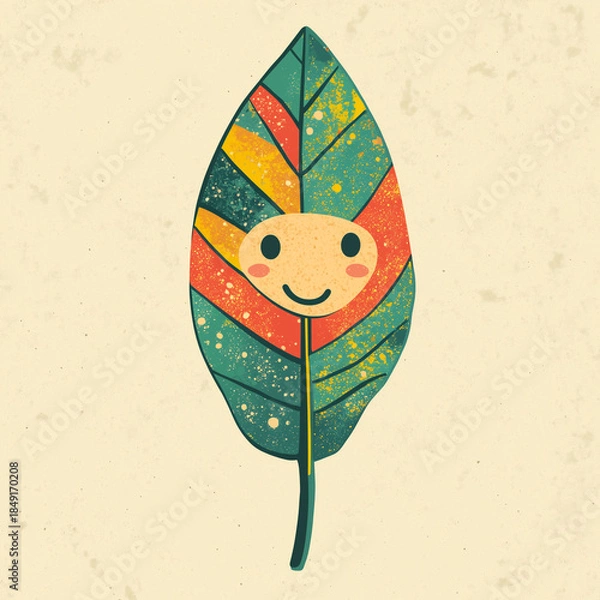 Fototapeta Cute smiling croton leaf character in minimalist flat style with textured details, playful nature illustration on light background