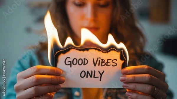 Fototapeta Woman holding burning paper with good vibes only message