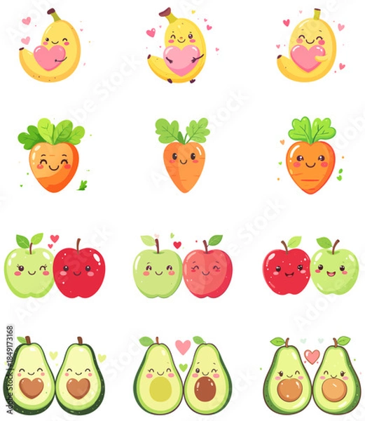 Obraz Kawaii Fruit and Vegetable Couples Vector Set – Cute Flat Cartoon Produce Characters with Hearts