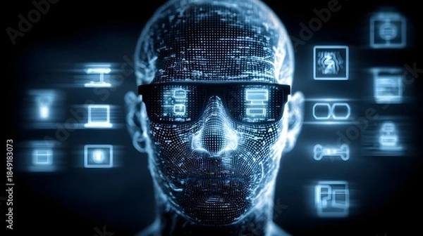 Obraz Futuristic Digital Humanoid with Augmented Reality Glasses and Interface Elements.