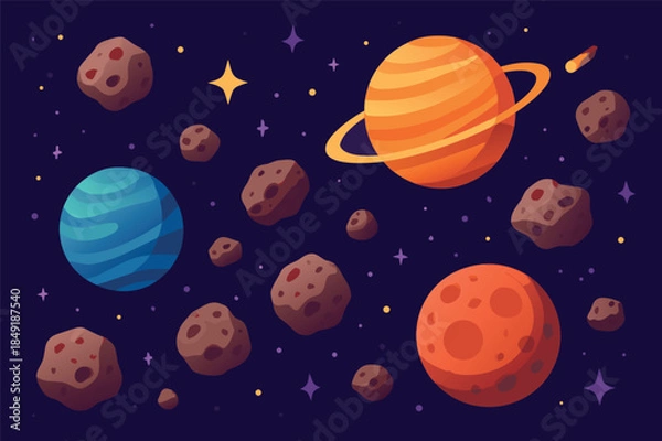 Obraz Outer Space Planets and Asteroids Cartoon Illustration