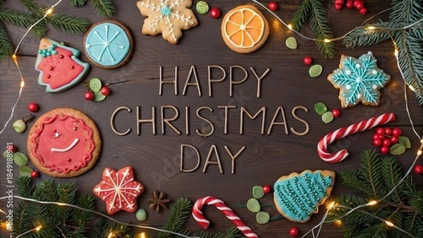 Obraz Christmas Day cookie flatlay with festive decorations.