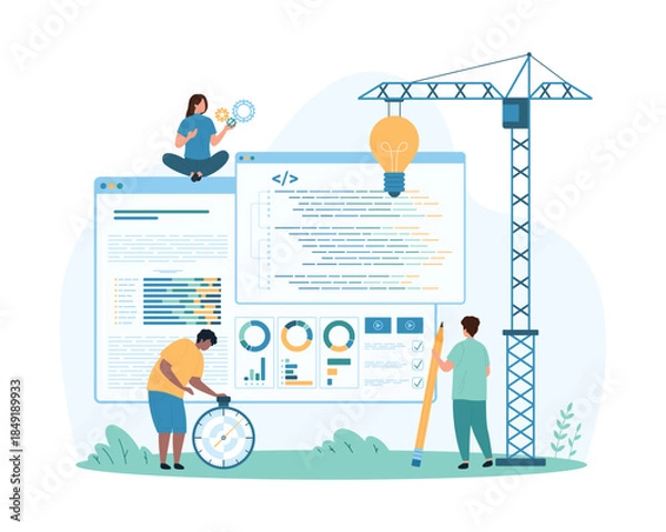 Obraz Code development solution, engineering and coding process. Tiny people and construction crane with light bulb build program, develop software code and mobile applications cartoon vector illustration