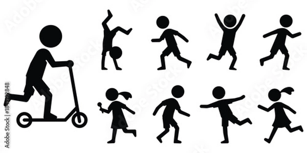 Obraz Stickman children playing set, Kids activity silhouette pack, Child play action figures