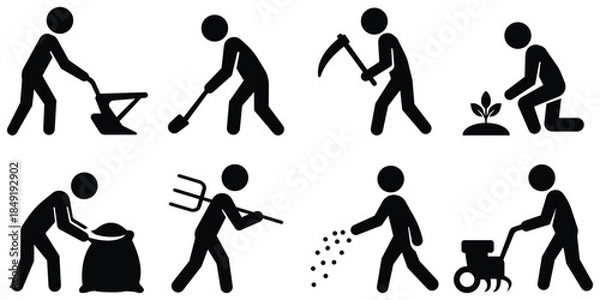 Obraz Stickman farming activity set, Agriculture work silhouette pack, Farmer action figure collection