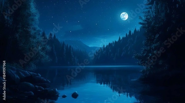 Obraz Full moon over calm forest lake with mountain reflection