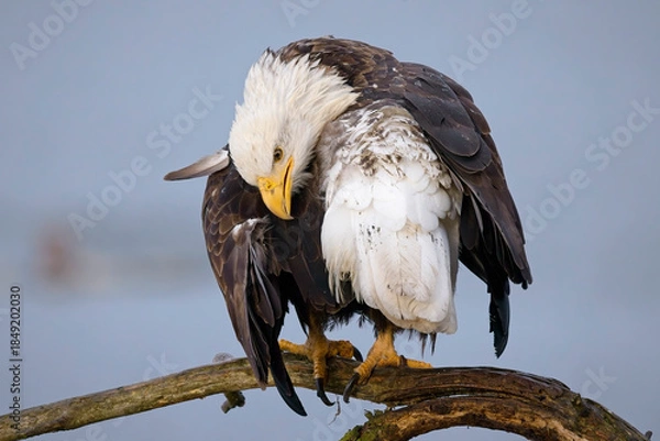 Obraz  Bald eagle preens itself on a branch.