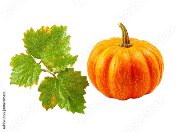 Obraz Orange pumpkin and green fall leaf on white