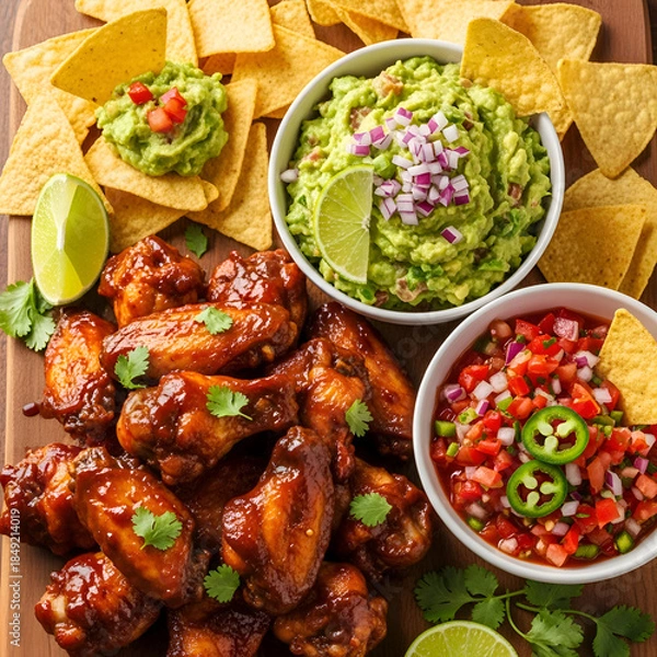 Obraz Appetizer Board Glazed Wings Guacamole Salsa Chips