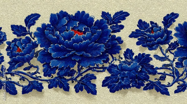 Obraz Elegant blue chinoiserie floral wallpaper