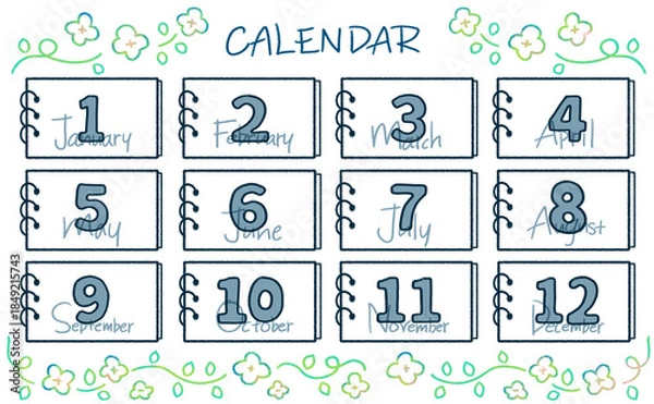 Obraz 12ヶ月カレンダーの文字イラストセット