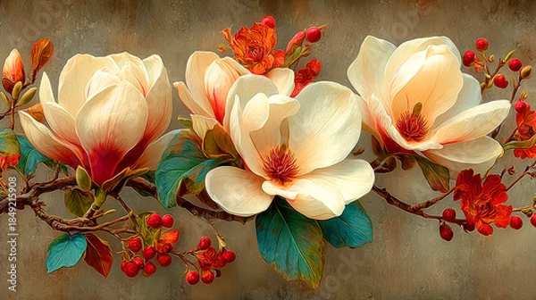 Obraz Elegant white magnolia branches brown texture