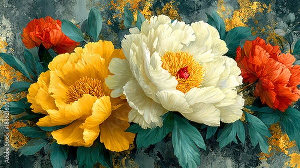Obraz White peony gold rust texture wallpaper