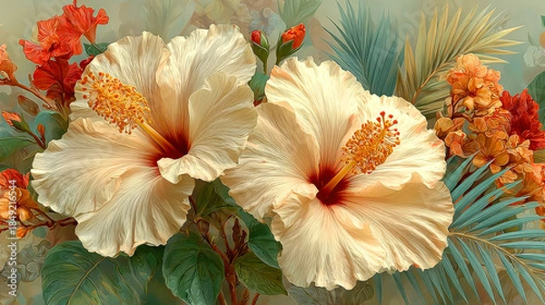 Obraz Beige hibiscus palm leaves abstract art