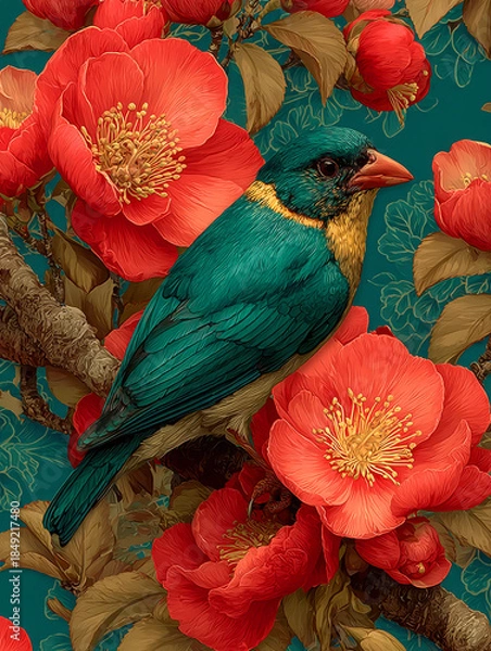 Obraz Chinoiserie garden bird flower pattern