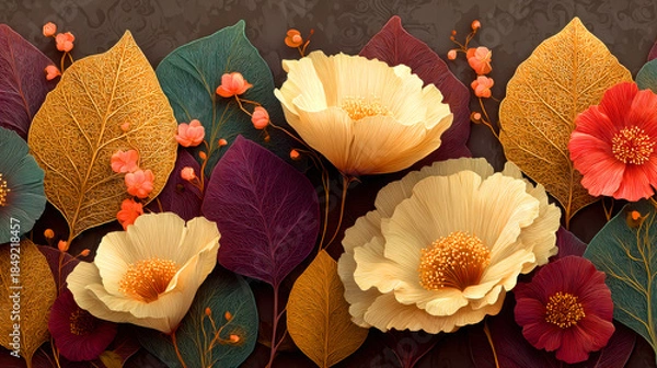 Obraz Golden leaves floral wallpaper brown background
