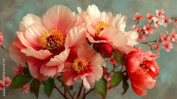 Obraz Soft pink peonies floral wallpaper design