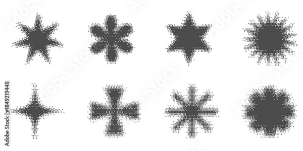 Obraz Pixel stars with halftone effect. Bitmap aesthetic shapes for trendy 2000s design. Digital abstract figures. Vector geometric sparkles and twinkles on white background