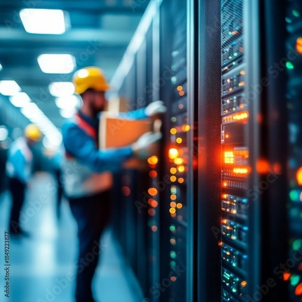 Fototapeta Server Room Maintenance Technician Inspecting Data Center Racks, IT infrastructure, Network engineering