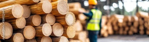 Fototapeta Stacked Logs at Lumberyard, worker in background, forestry , timber