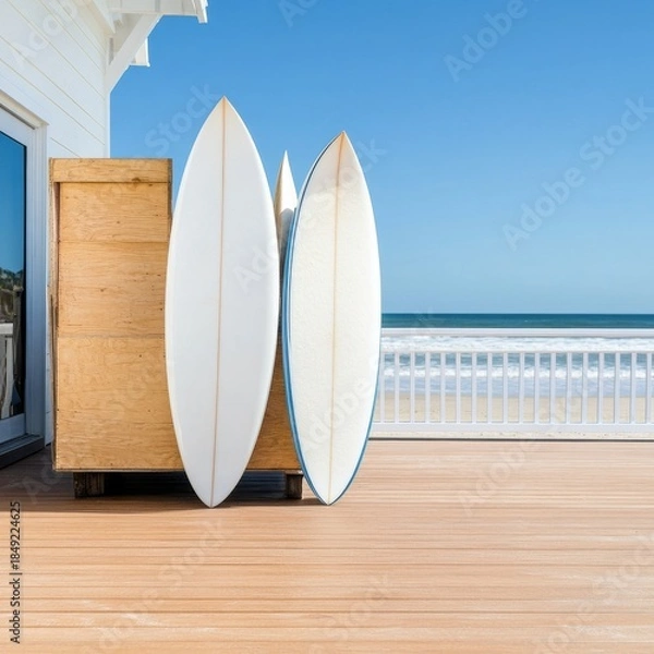Fototapeta Surfboards on Beach House Deck, Beach Lifestyle ,Coastal Decor