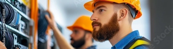 Fototapeta Technician with Hard Hat Inspecting Server Cables, Networking , Data center
