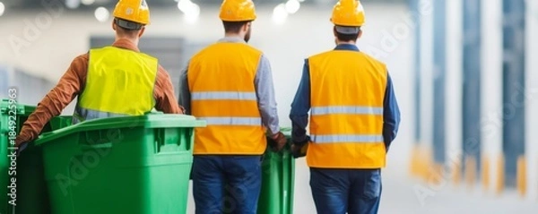 Fototapeta Workers Handling Green Recycling Bins at Facility, Waste Management ,Recycling plant