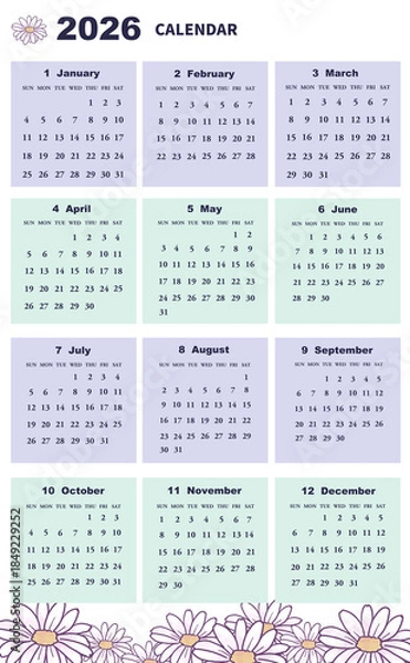 Obraz 2026年の年間カレンダー　日曜日始まり