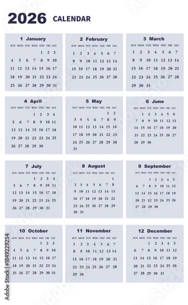 Obraz 2026年の年間カレンダー　日曜日始まり