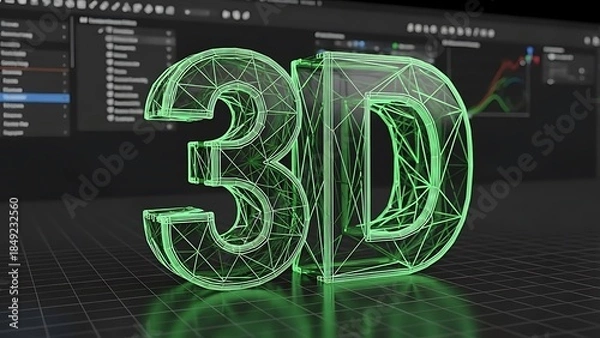 Obraz Neon green 3D wireframe text on digital grid image